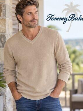 Tommy Bahama Deep Cream Ribbed V- Neck Sweater Sz.L #1922